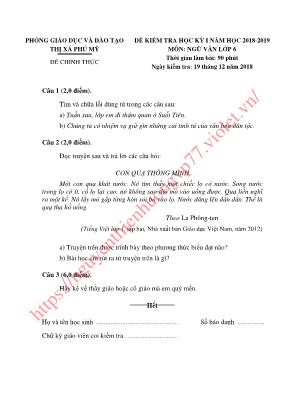 Đề kiểm tra học kỳ I môn Ngữ văn Lớp 6 - Năm học 2018-2019 - Phòng giáo dục và đào tạo Thị xã Phú Mỹ (Có đáp án)